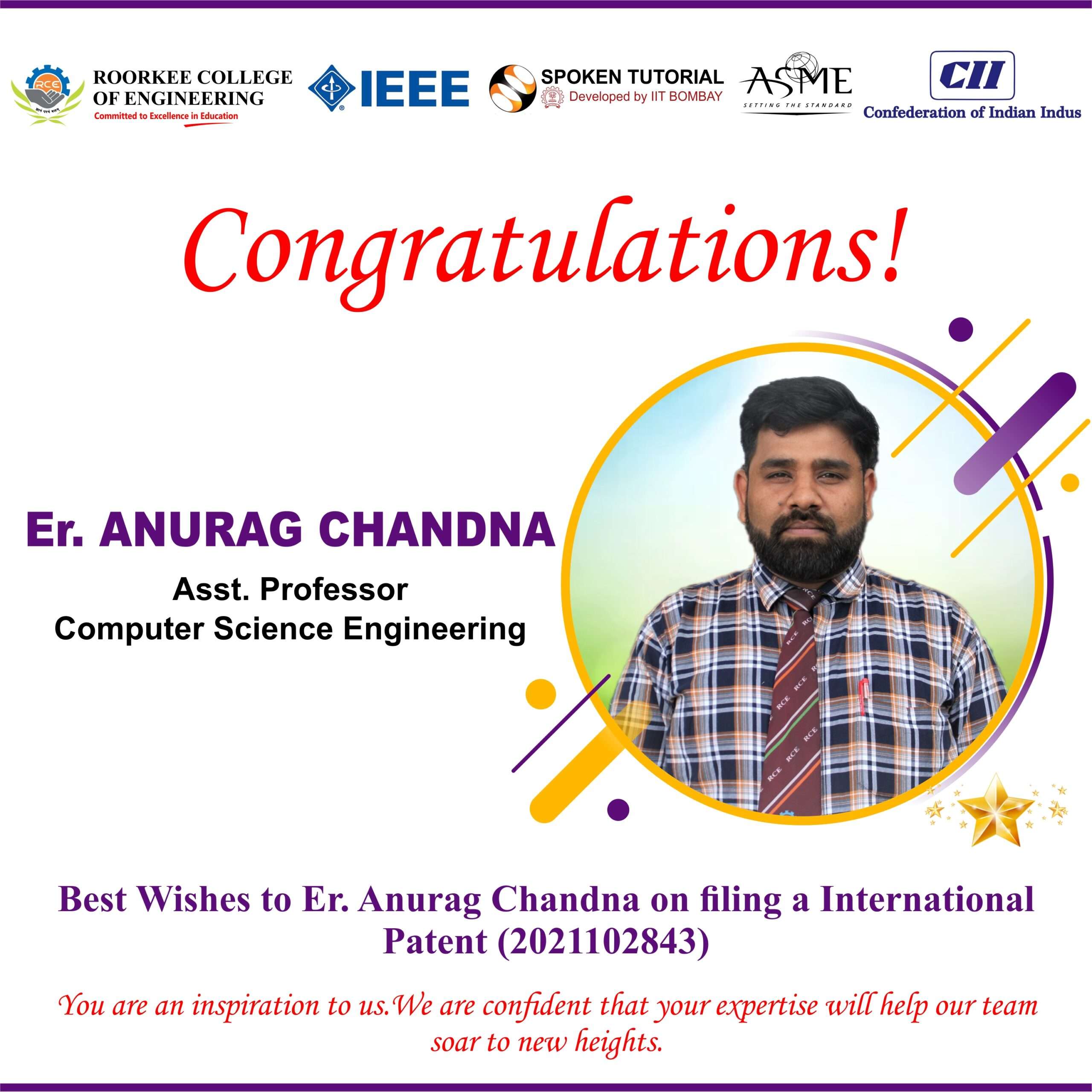 Congratulations! Er. Anurag Chandna for Patent