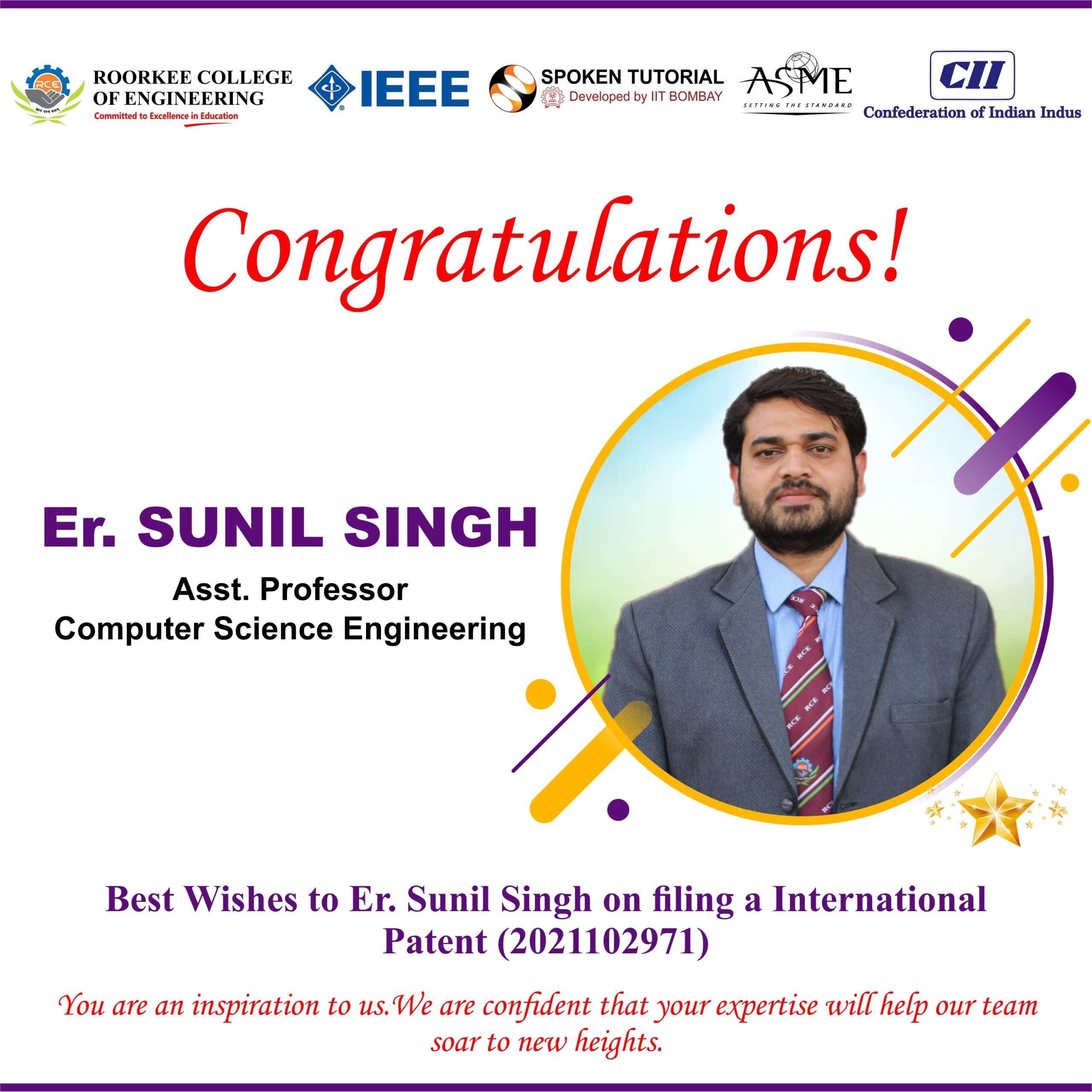 Congratulations! Er. Sunil Singh For Patent
